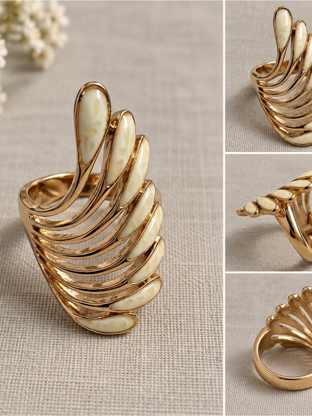 Gold-Tone Wing Statement Ring with Pearlescent Ivory Inlay